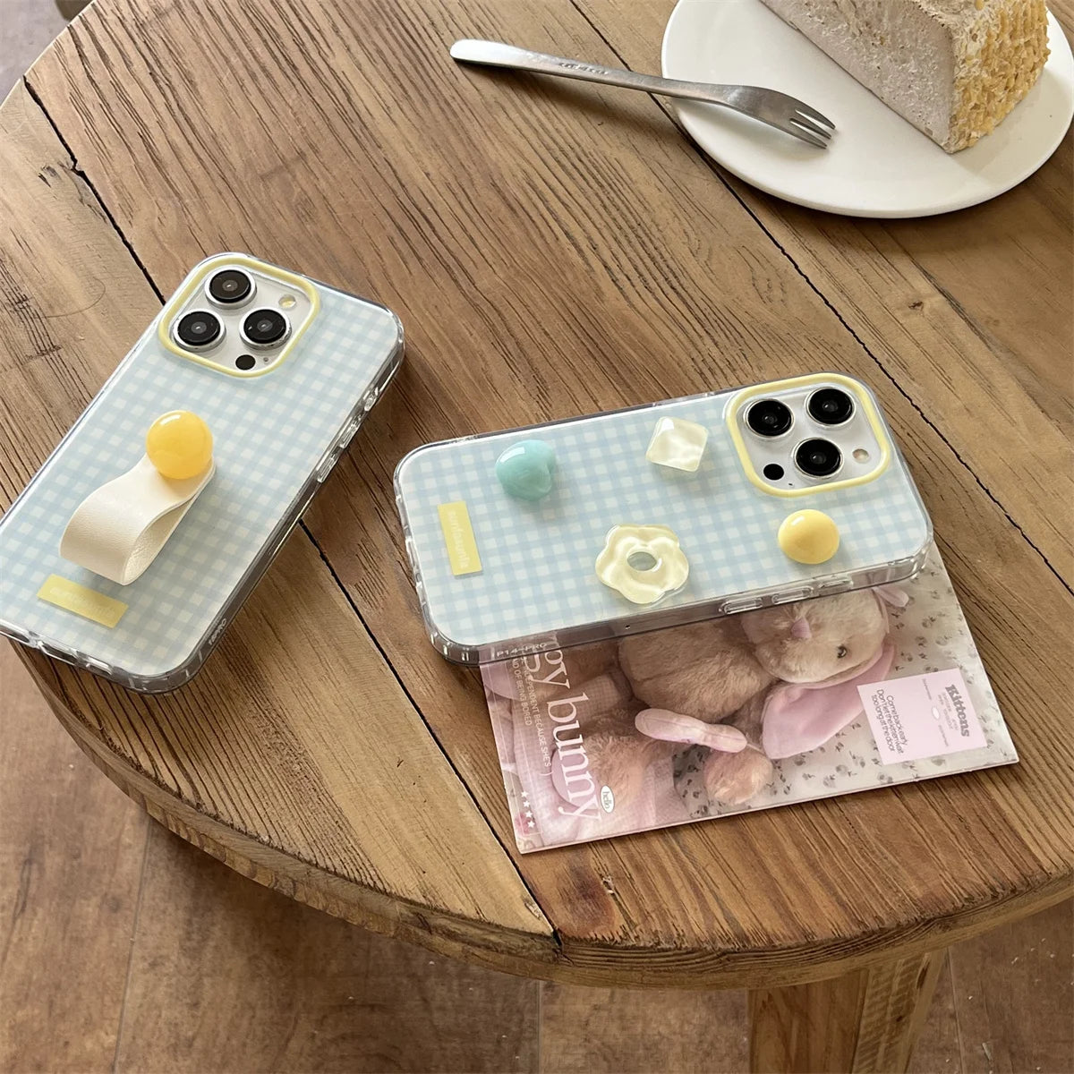 Cute Cartoon Blue Tartan Cream Clear Phone Case