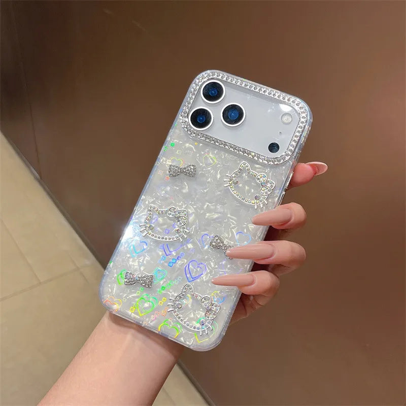 Luxury Glitter Rhinestone Camera Border 3D Hello Kitty Bowknot Shell Pattern Phone Case For iPhone
