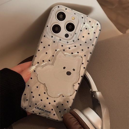 Korean Polka Dot Phone Case With Cartoon Puppy Bracket for iPhone