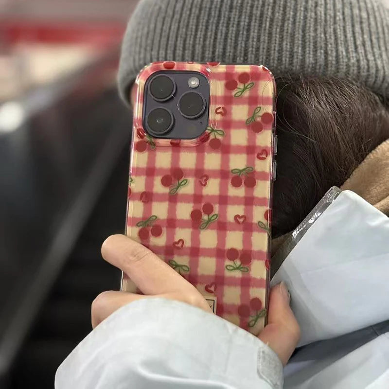 Korean Fashion Cherry Grid Pattern Phone Case