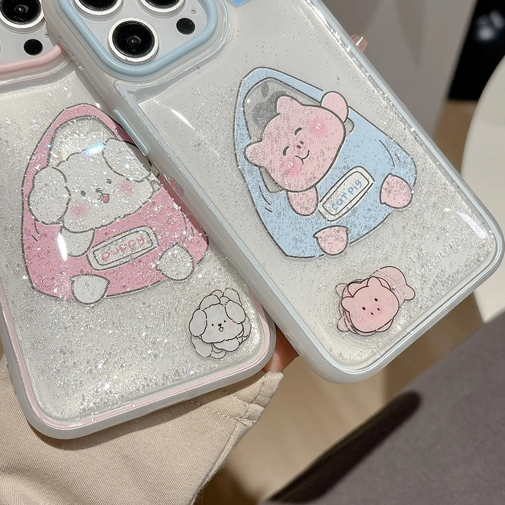 Cute Puppy Cartoon Pig Liquid Glitter Phone Case