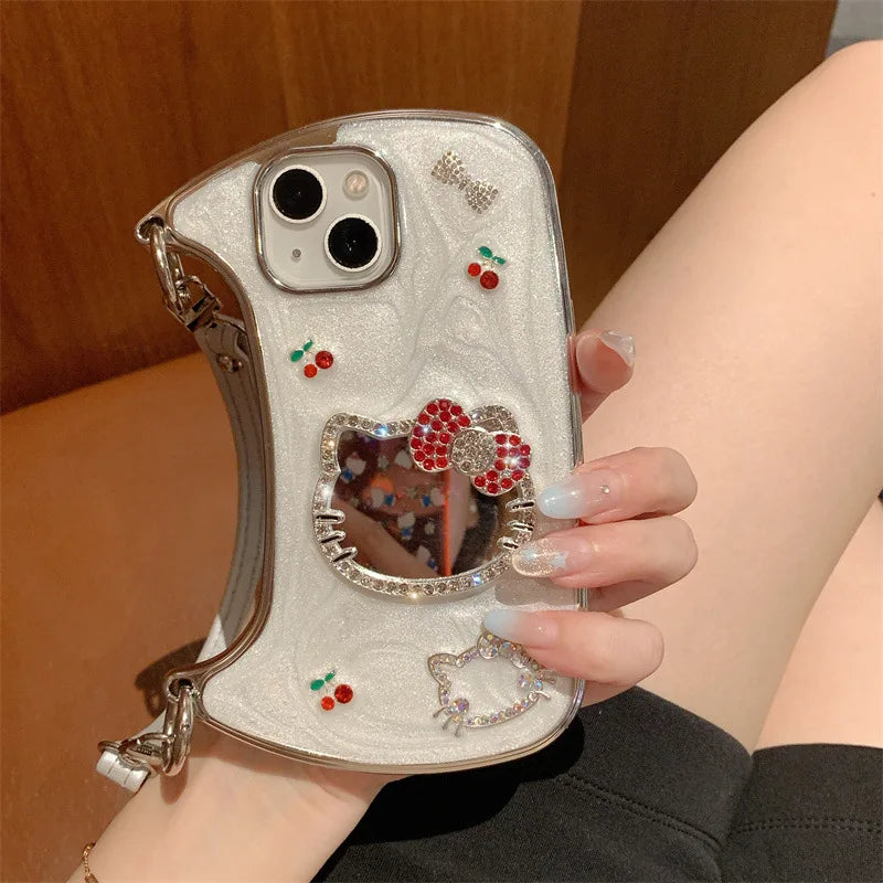 3D Diamond Cute Bow Hello Kitty Cherry Glitter Mirror Phone Case For iPhone