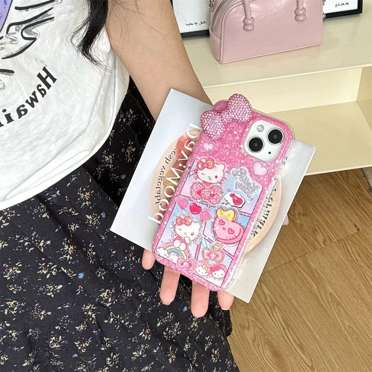 Girlish Cat Dimensional Pink Diamond Bow Phone Case