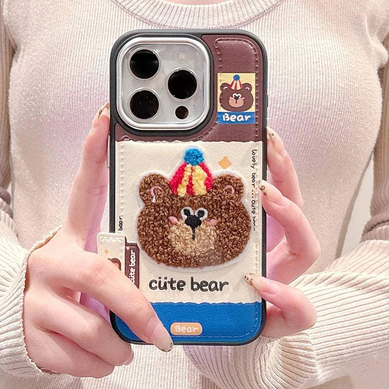 Cute Cartoon Embroidery Bear Dog Leather Phone Case