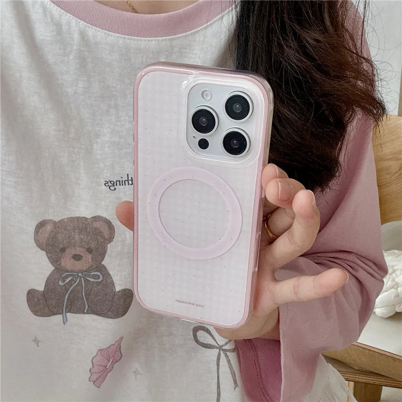 Korean Pink Cute Plaid Pattern Magnetic Phone Case For iPhone