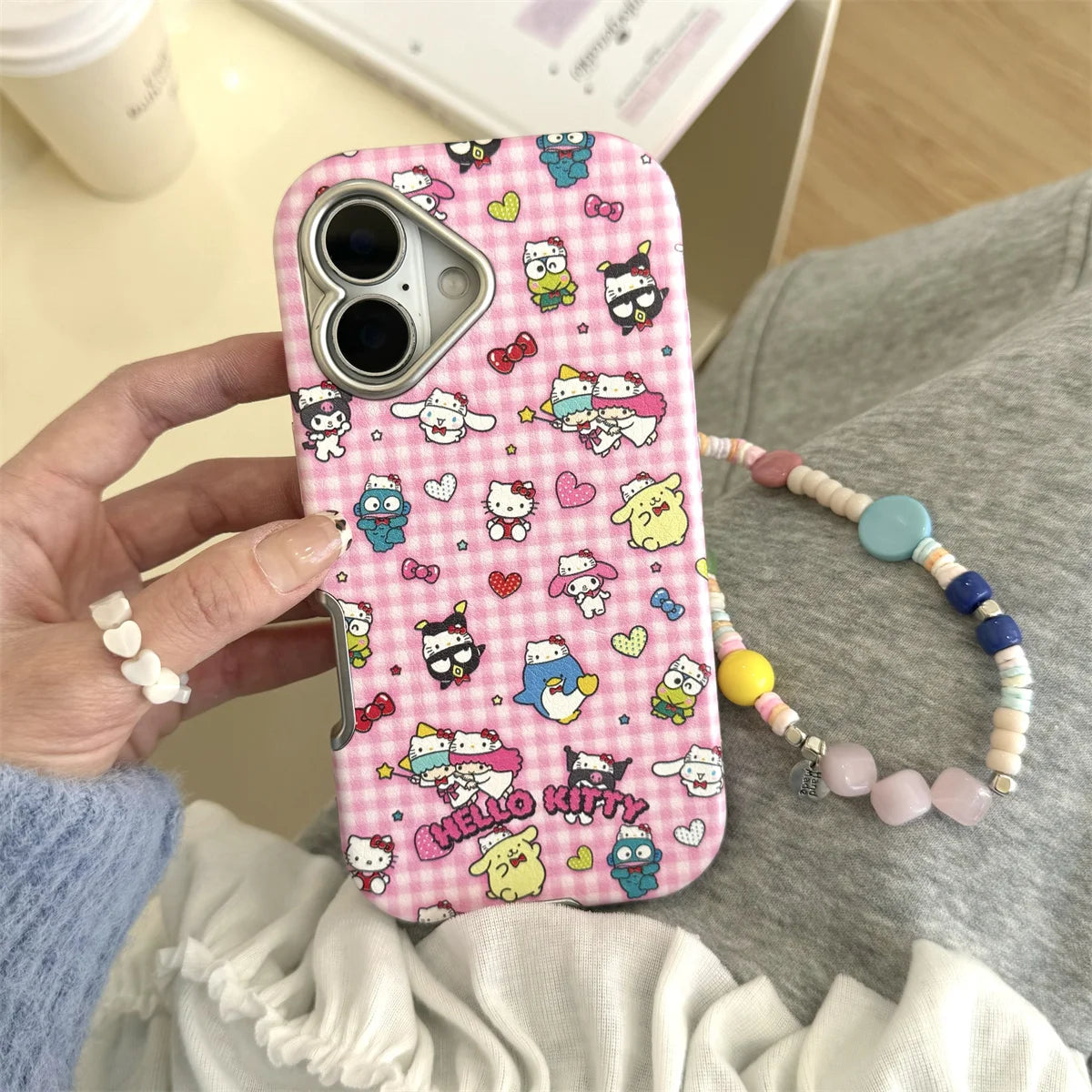 New Pink Checkered Hello Kitty Leather Phone Case