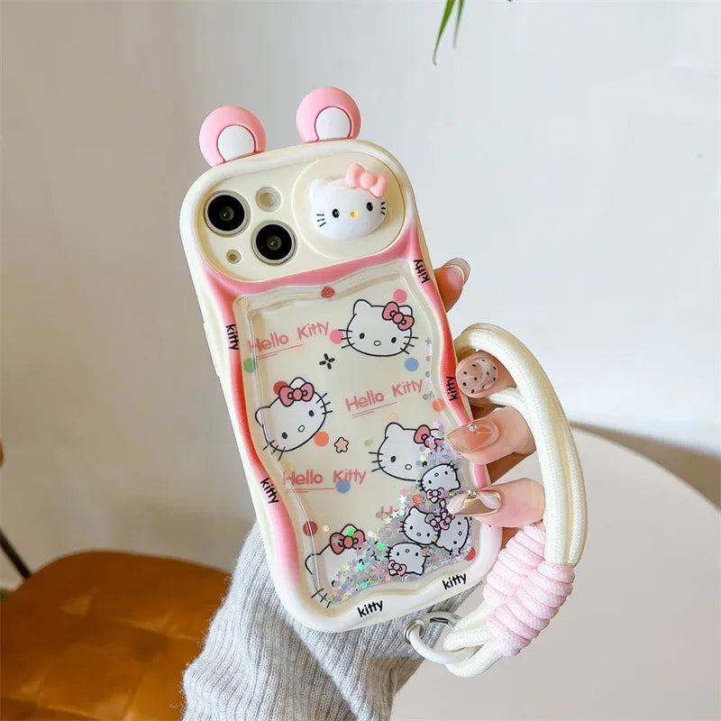 Kawaii Cartoon 3D Ears Quicksand Hello Kitty With Wrist Strap Phone Case For iPhone
