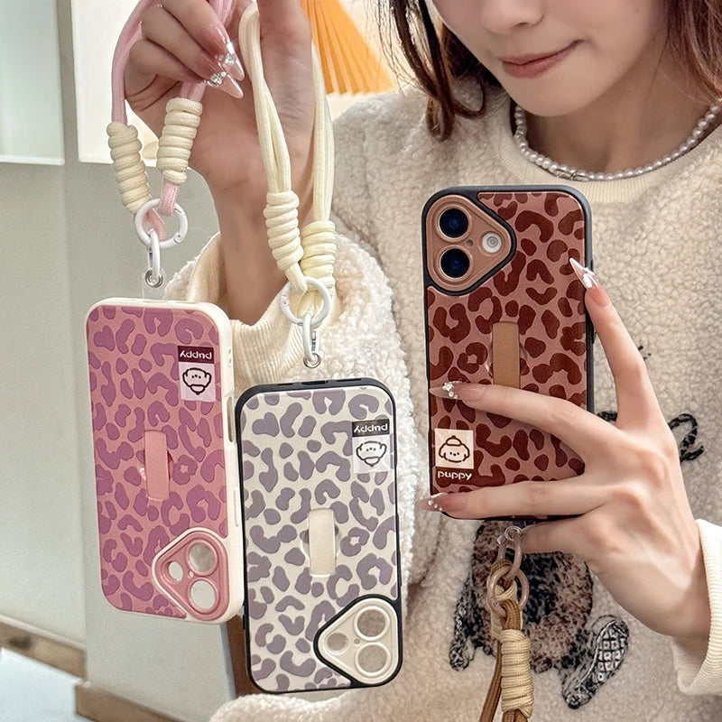 Cute Puppy Dog Stylish Leopard Print Ring Holder Stand Phone Case