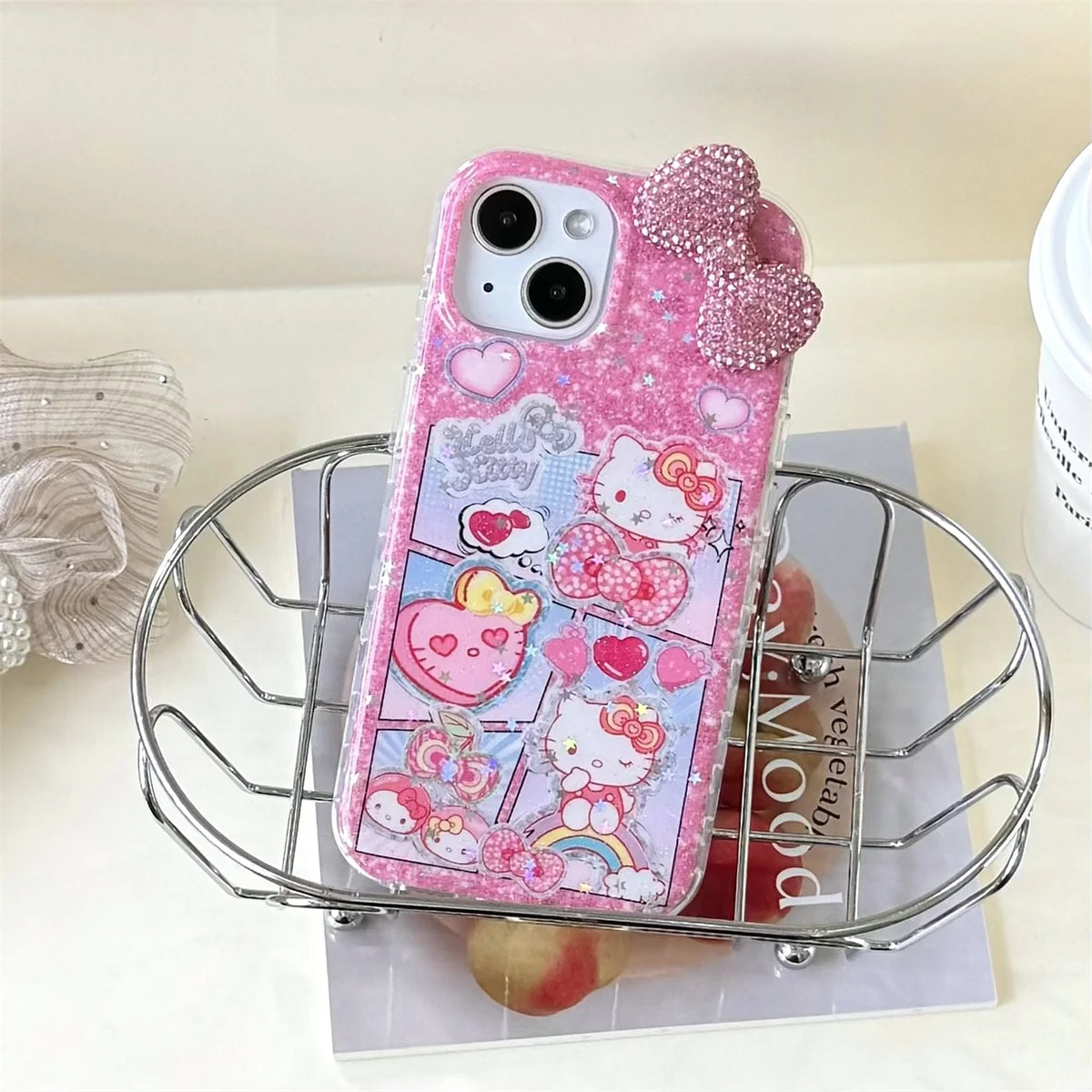 Girlish Cat Dimensional Pink Diamond Bow Phone Case