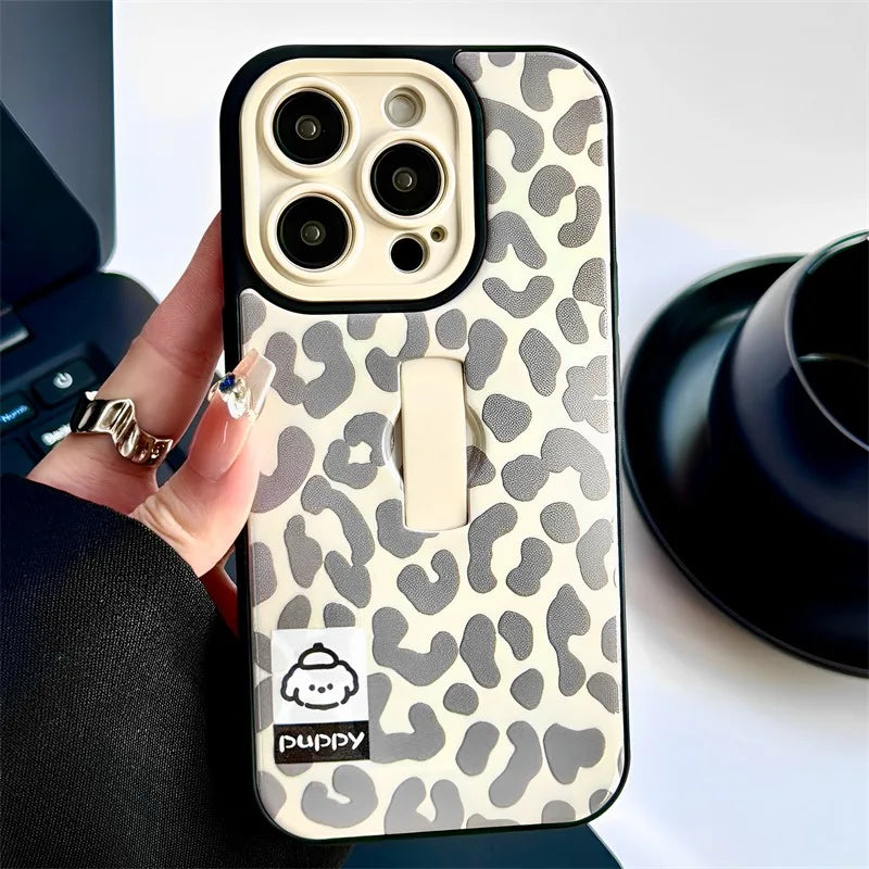 Cute Puppy Dog Stylish Leopard Print Ring Holder Stand Phone Case