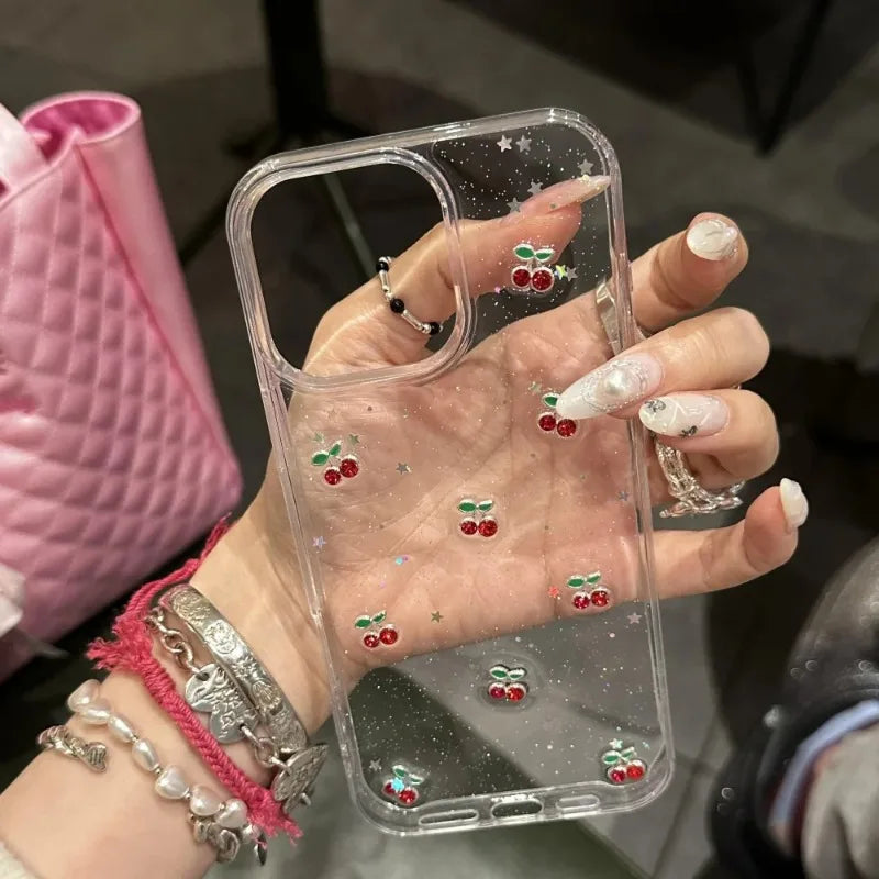 Cute Epoxy Cherry Glitter Clear Phone Case