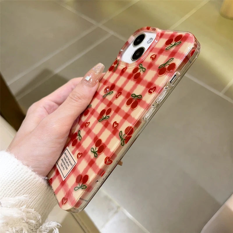 Korean Fashion Cherry Grid Pattern Phone Case