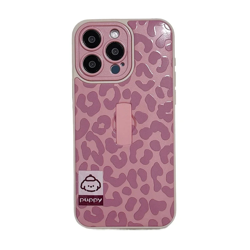 Cute Puppy Dog Stylish Leopard Print Ring Holder Stand Phone Case