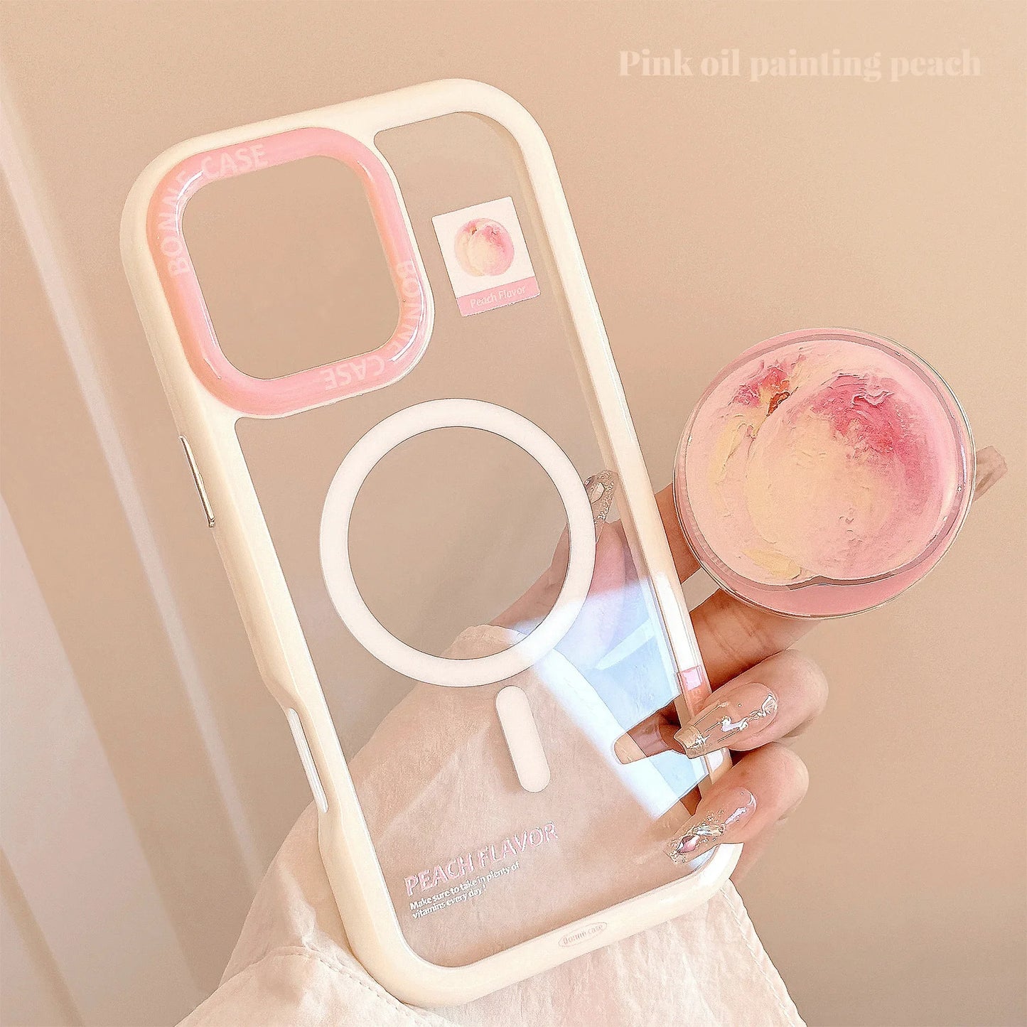 Korean Cute Peach Holder Magsafe Magnetic Clear Phone Case For iPhone