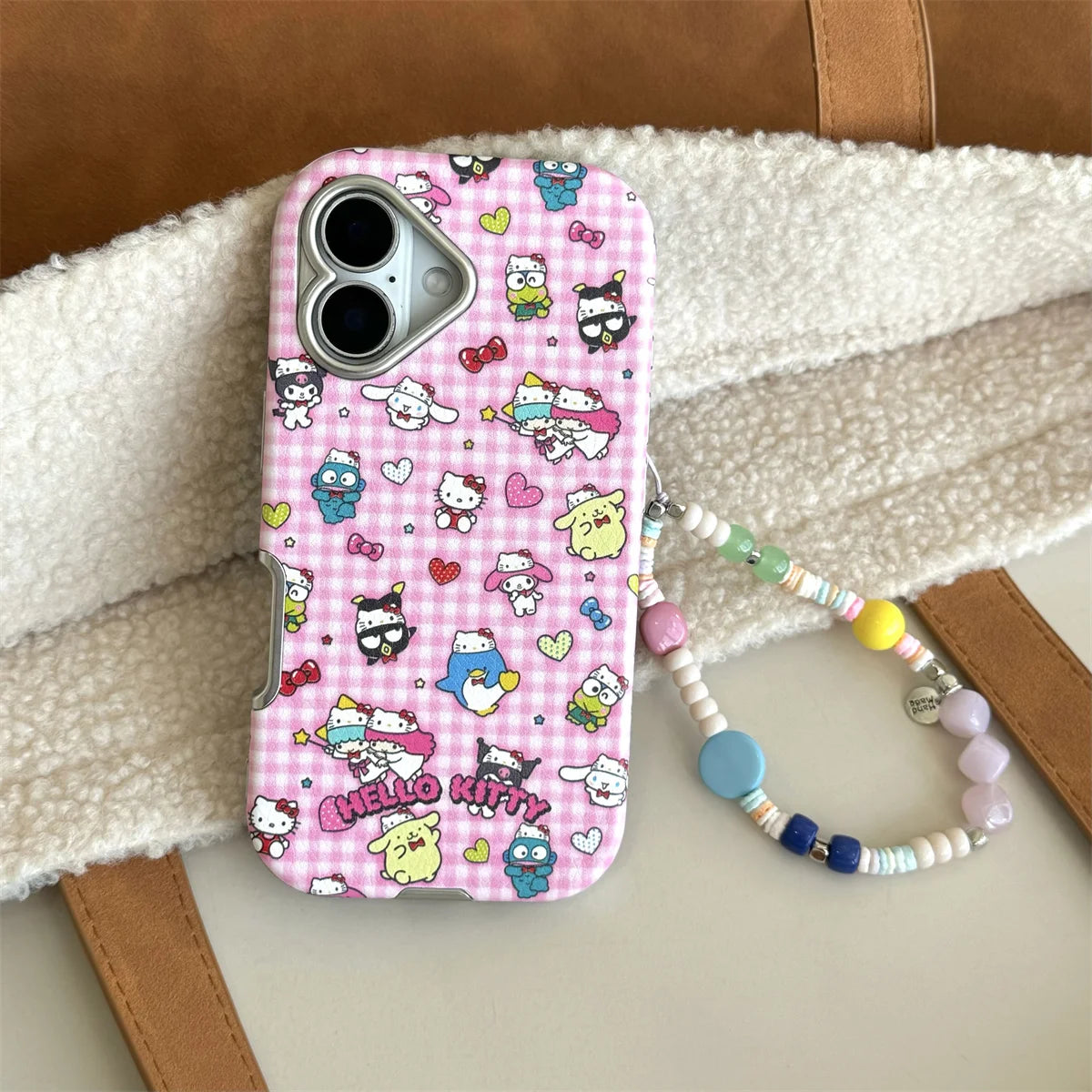 New Pink Checkered Hello Kitty Leather Phone Case