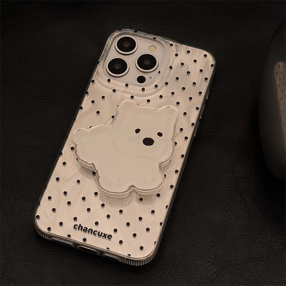 Korean Polka Dot Phone Case With Cartoon Puppy Bracket for iPhone
