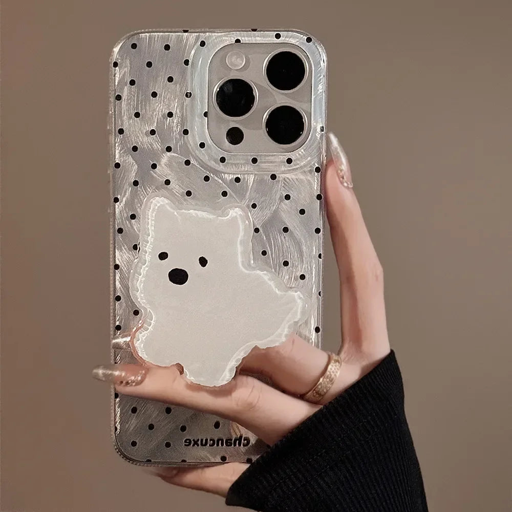 Korean Polka Dot Phone Case With Cartoon Puppy Bracket for iPhone