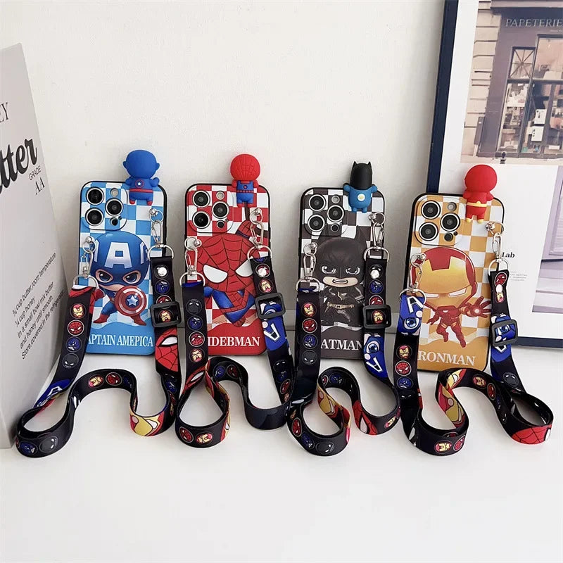 Cartoon 3D Spiderman Plaid Phone Case With Holder Lanyard For iPhone