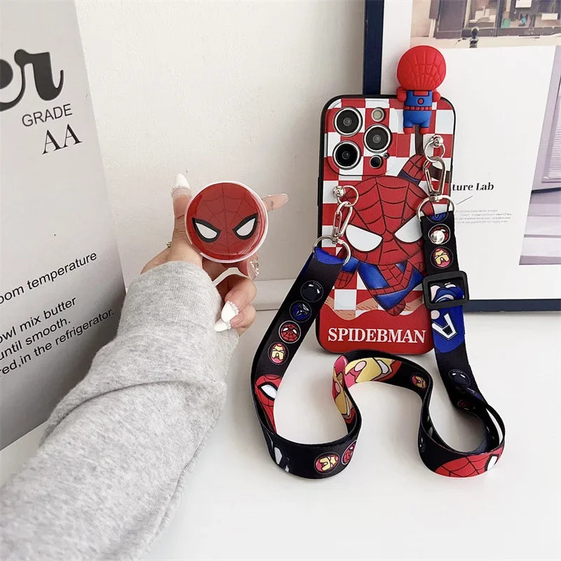 Cartoon 3D Spiderman Plaid Phone Case With Holder Lanyard For iPhone