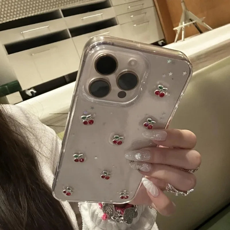 Cute Epoxy Cherry Glitter Clear Phone Case