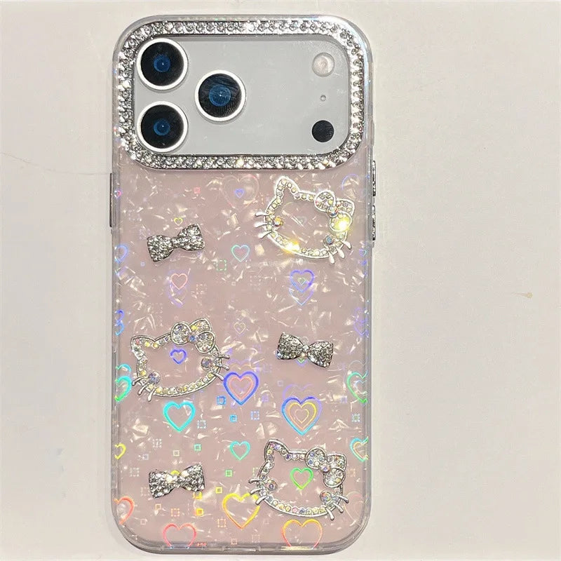 Luxury Glitter Rhinestone Camera Border 3D Hello Kitty Bowknot Shell Pattern Phone Case For iPhone