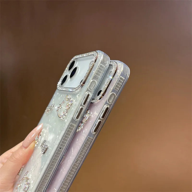 Luxury Glitter Rhinestone Camera Border 3D Hello Kitty Bowknot Shell Pattern Phone Case For iPhone