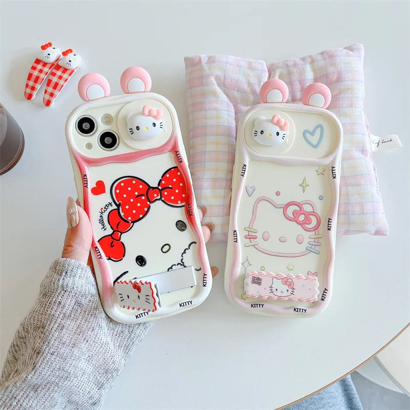 Kawaii Cartoon 3D Ears Hello Kitty Wavy Sliding Camera With Holder Phone Case For iPhone