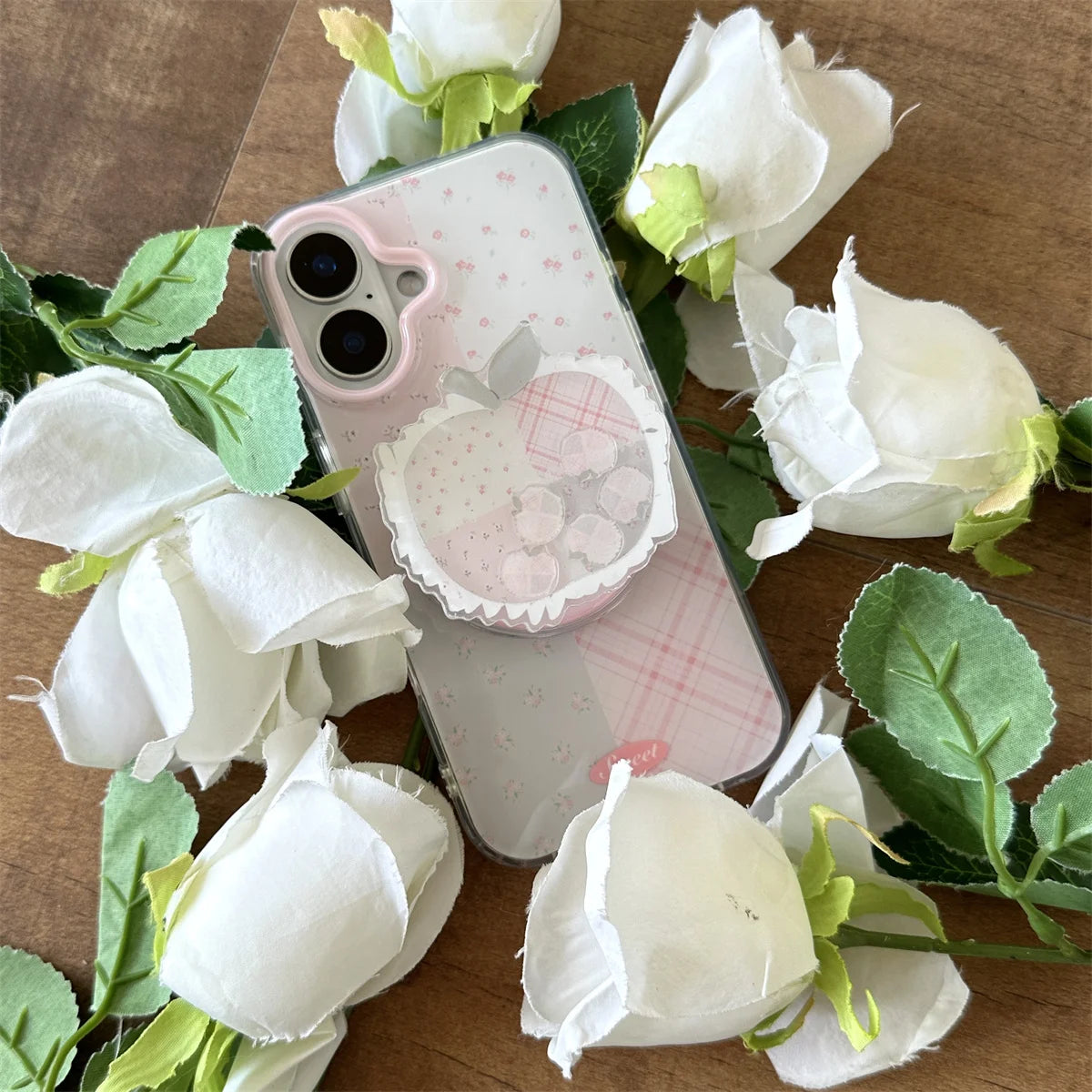 Korean Cute Fresh Pink Lattice Floral Print Magnetic Apple Holder Phone Case For iPhone