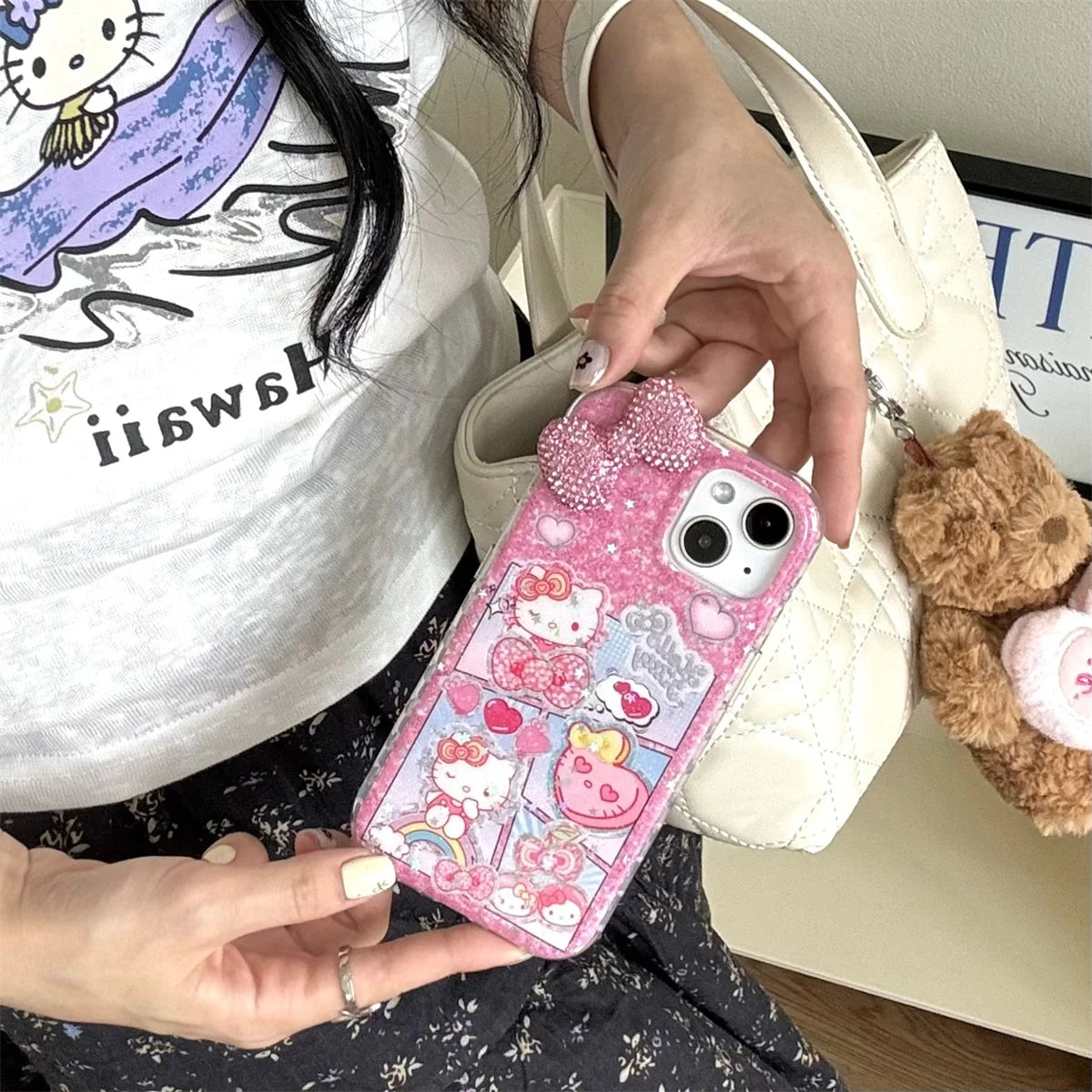 Girlish Cat Dimensional Pink Diamond Bow Phone Case