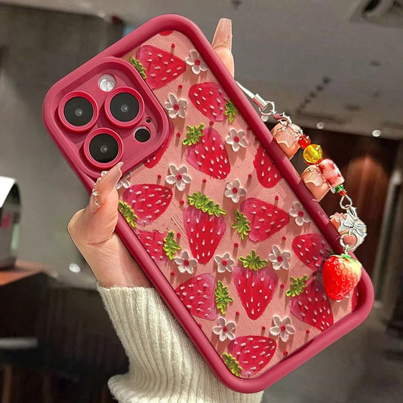 Flower Strawberry Painting Pendant Chain Phone Case For iPhone