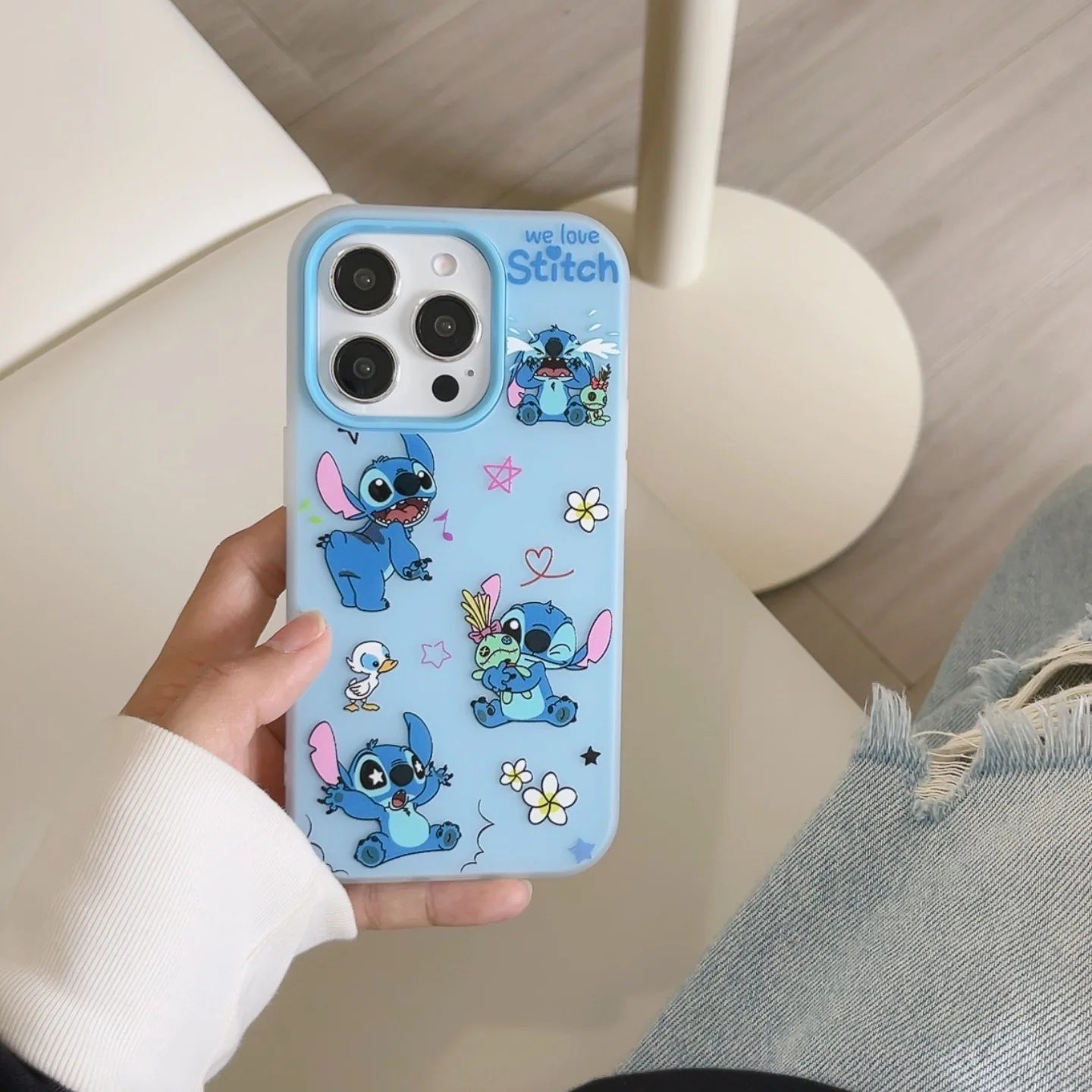 Korean Cute Cartoon Stitch With Acrylic Bracket Phone Case For iPhone