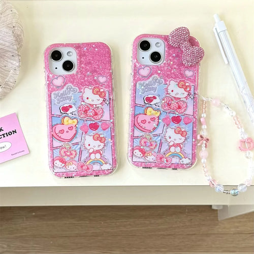 Girlish Cat Dimensional Pink Diamond Bow Phone Case