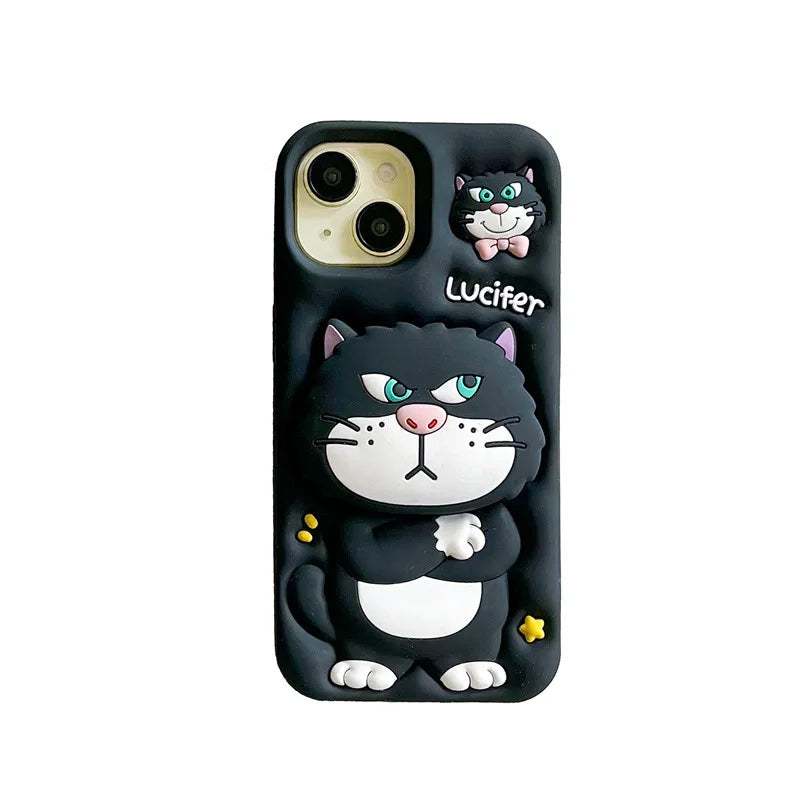 3D Cute Cartoon Cat Telescopic Bracket Soft Silicone Phone Case For iPhone