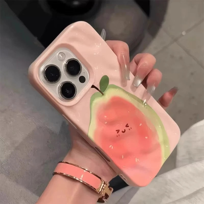 Ins Simple Fruit Guava Cute Folds Texture Phone Case For iPhone