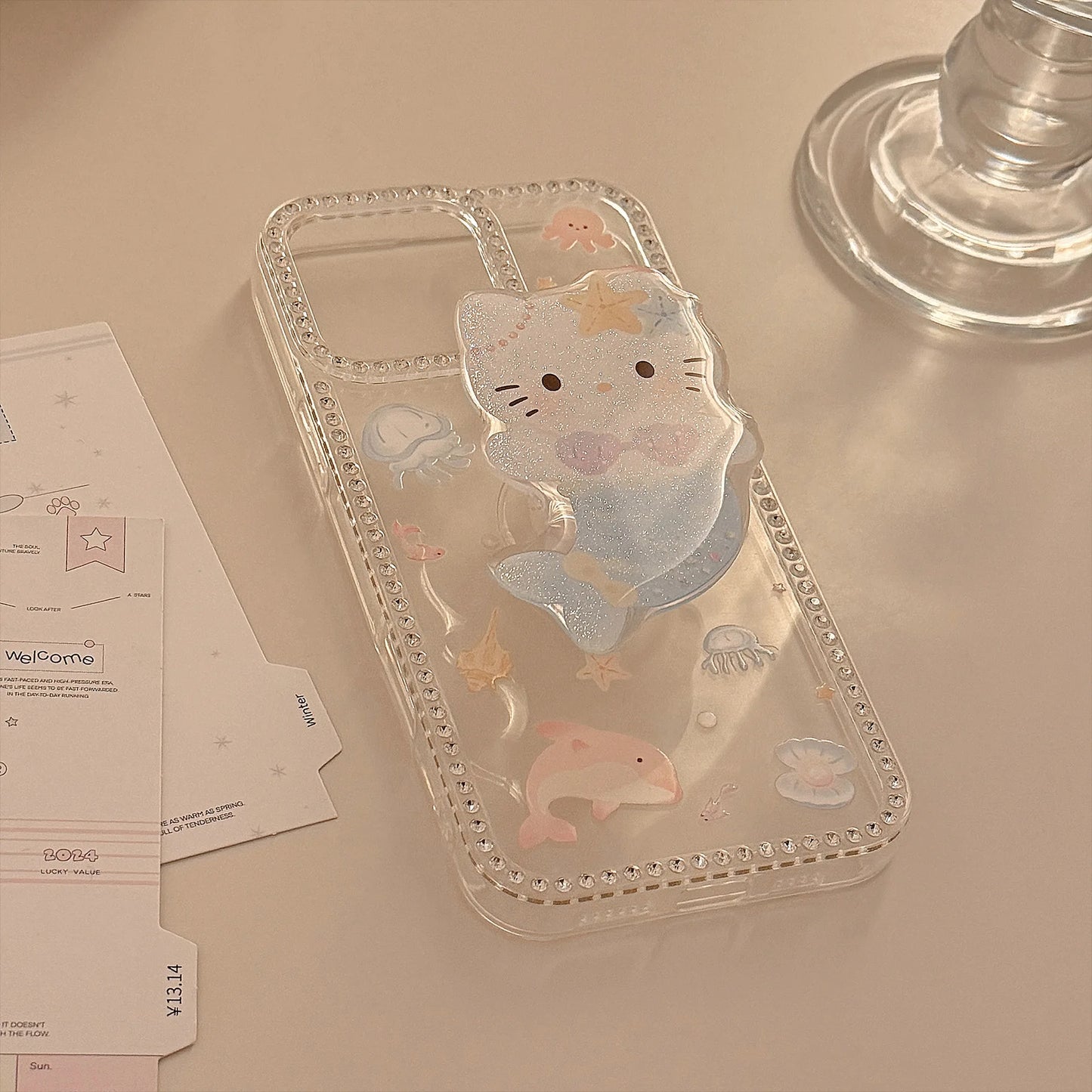 Summer Marine Mermaid Hello Kitty Glitter Bracket Phone Case For iPhone
