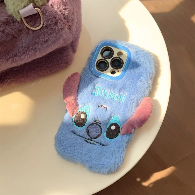 3D Cute Cartoon Stitch Embroidered Plush Phone Case For iPhone