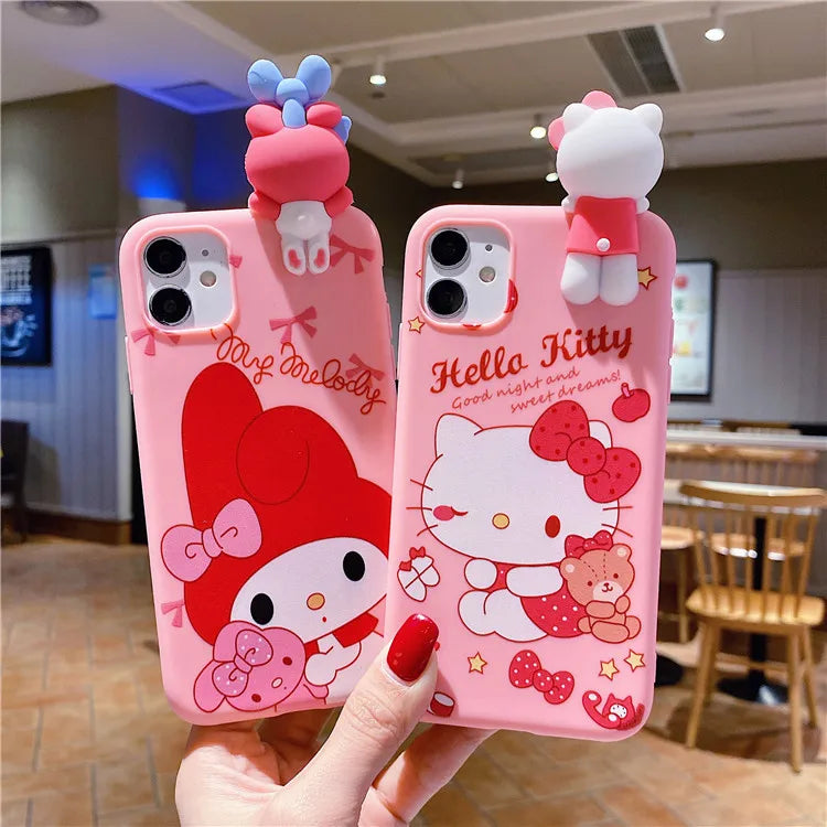 3D Cartoon My Melody Hello Kitty Holder Lanyard Phone Case For iPhone