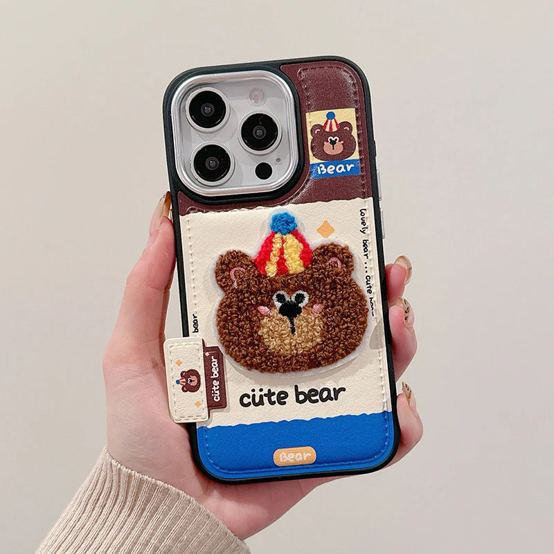 Cute Cartoon Embroidery Bear Dog Leather Phone Case