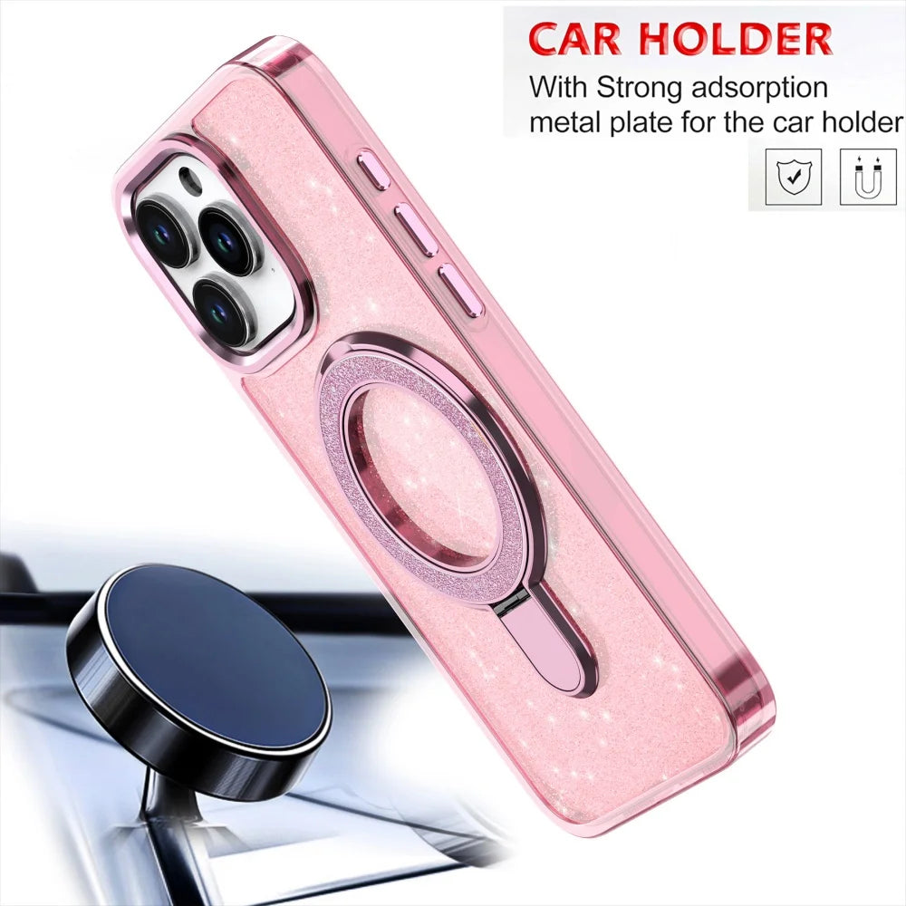 Luxury Glitter Fold Magnetic Metal Ring Stand Case For iPhone
