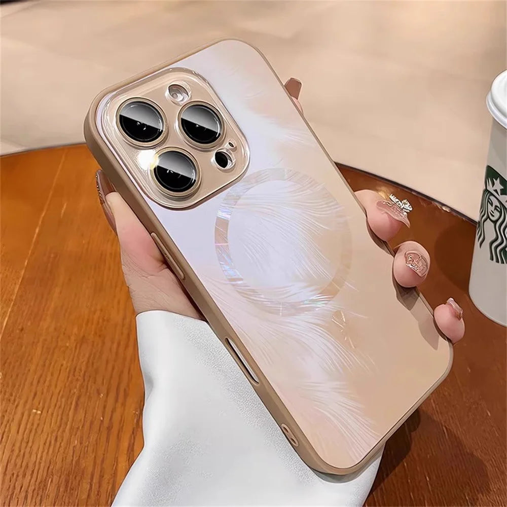 Dazzling For Magsafe Glitter Feather Pattern Magnetic Phone Case For iPhone