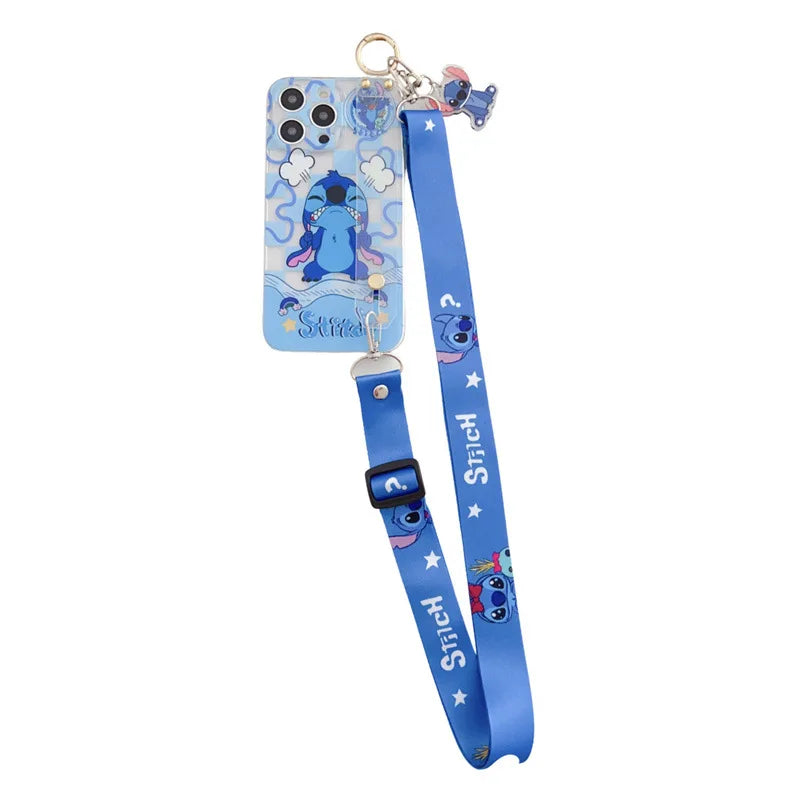 Cute Cartoon Stitch Couple Phone Case With Clear Strap Lanyard For iPhone