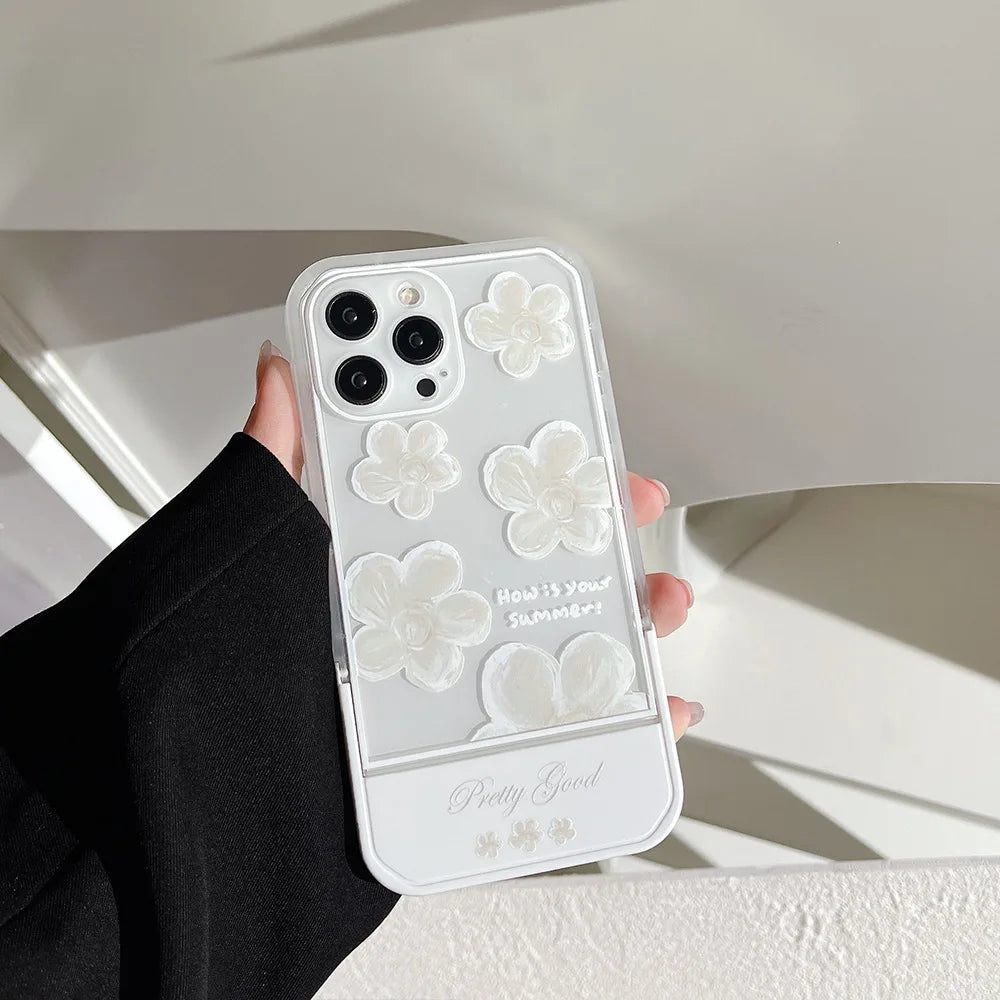 White Floral invisible Bracket Phone Case For iPhone
