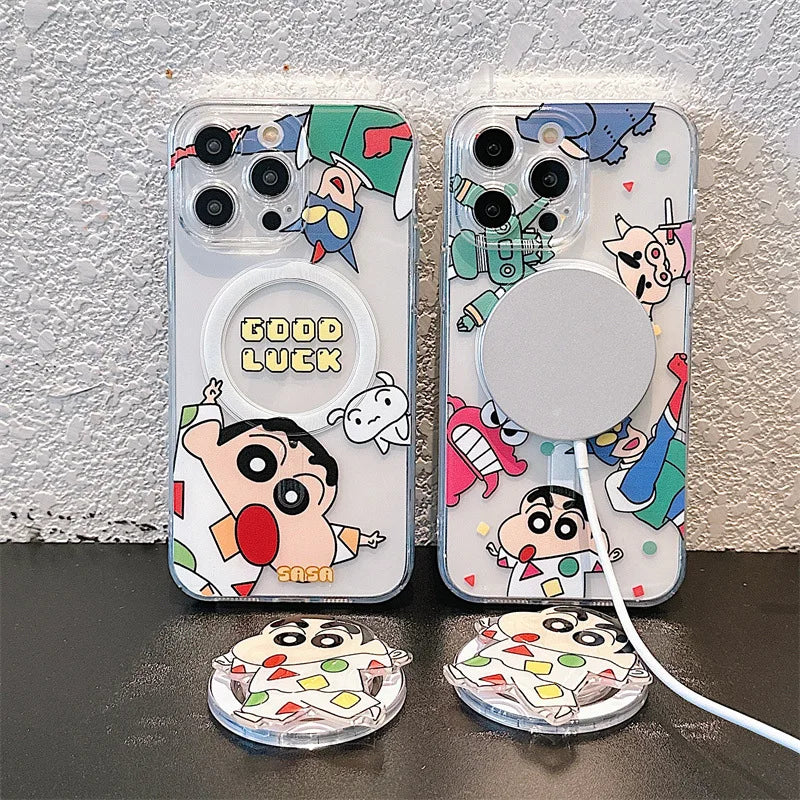Cute Cartoon Crayons Shin-chan Holder Magnetic Couple Phone Case For iPhone