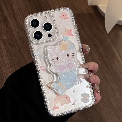 Summer Marine Mermaid Hello Kitty Glitter Bracket Phone Case For iPhone