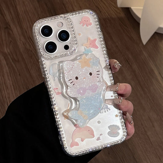 Summer Marine Mermaid Hello Kitty Glitter Bracket Phone Case For iPhone