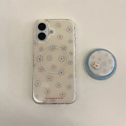 Blue Small Floral Flower Wallet With Holder Cover Phone Case