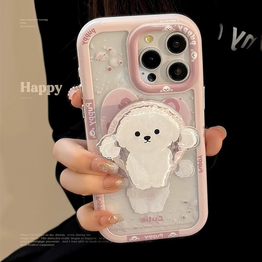 Cute Pink Puppy Magnetic Stand Holder Magsafe Wireless Charge Case For iPhone