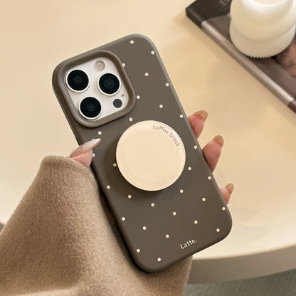 Korean Brown Full Screen Polka Dot With Round Bracket Soft Phone Case For iPhone