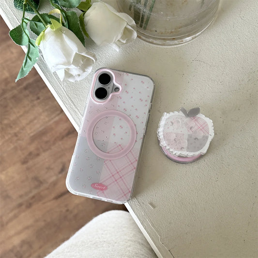Korean Cute Fresh Pink Lattice Floral Print Magnetic Apple Holder Phone Case For iPhone