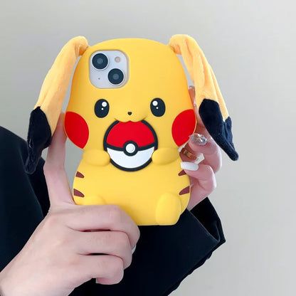 3D Plush Big Ears Kawaii Cartoon Pikachu Soft Silicone Phone Case For iPhone